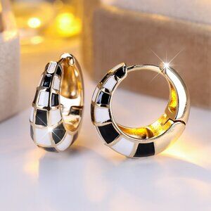 New! Anthropologie Black and White Checkered Huggie Earrings (1057) NWOT